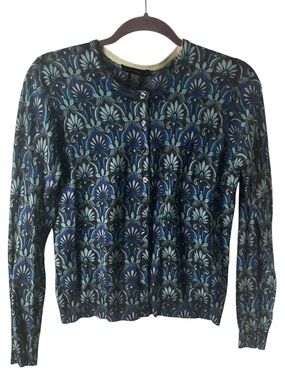 Lord & Taylor Petite 100% Wool Blue  Whimsygoth Floral Button Cardigan Sweater P